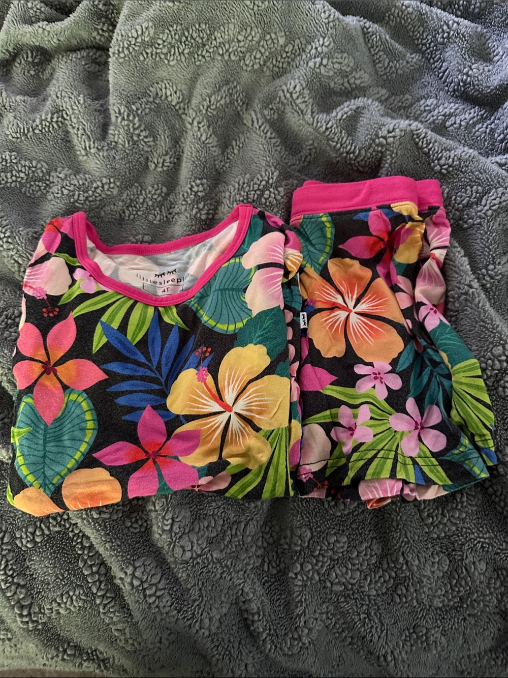 Little Sleepies Black Tropical Floral Kids Pajama Set with Pink Trim.